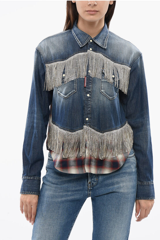 Dsquared2 Denim Saharan Shirt With Crystal Fringes
