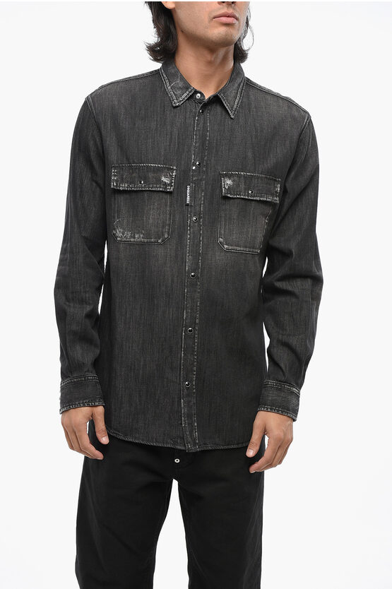 Dsquared2 Denim Saharan Shirt With Snap Buttons In Black