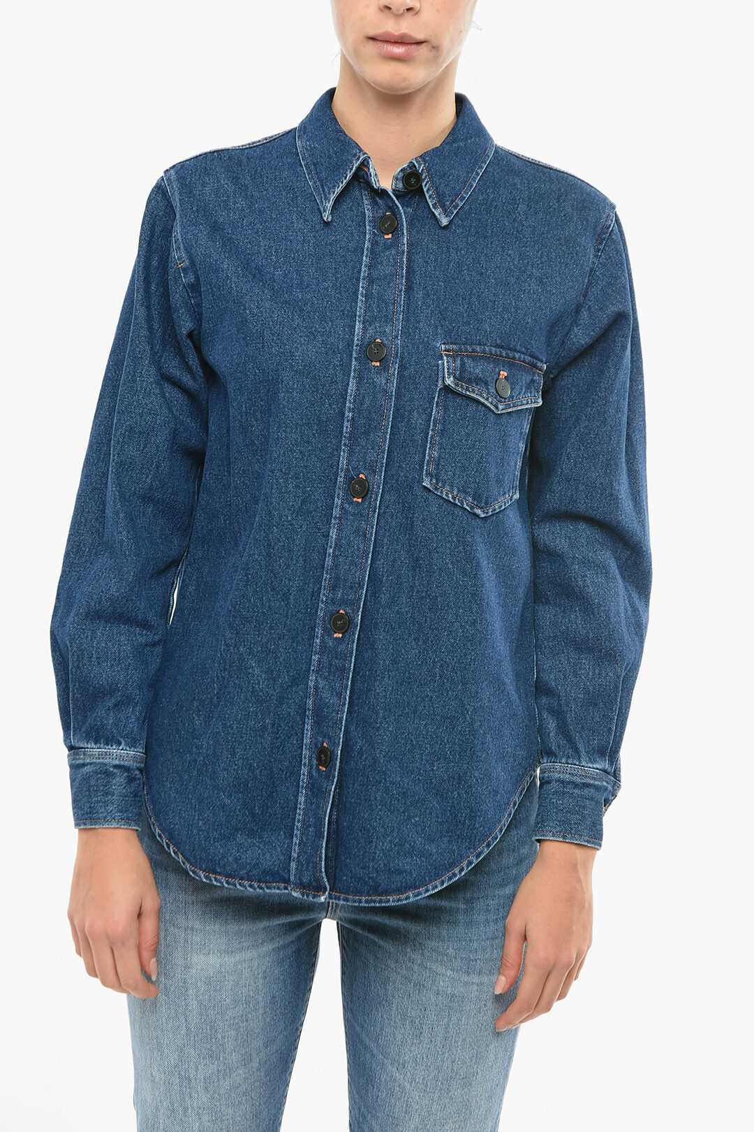 Forte_Forte Denim Shirt with Breast Pocket and Visible Stitching