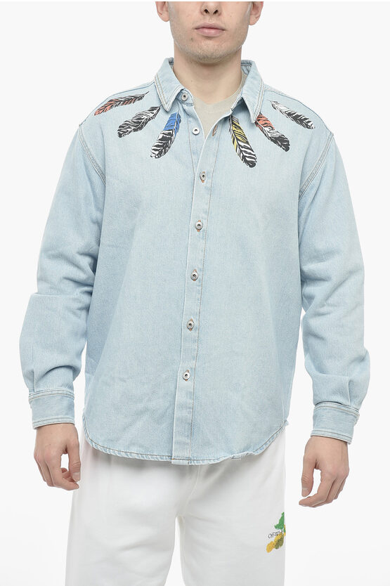 Marcelo Burlon County Of Milan Denim Shirt With Multicolored Feathers Print In Blue