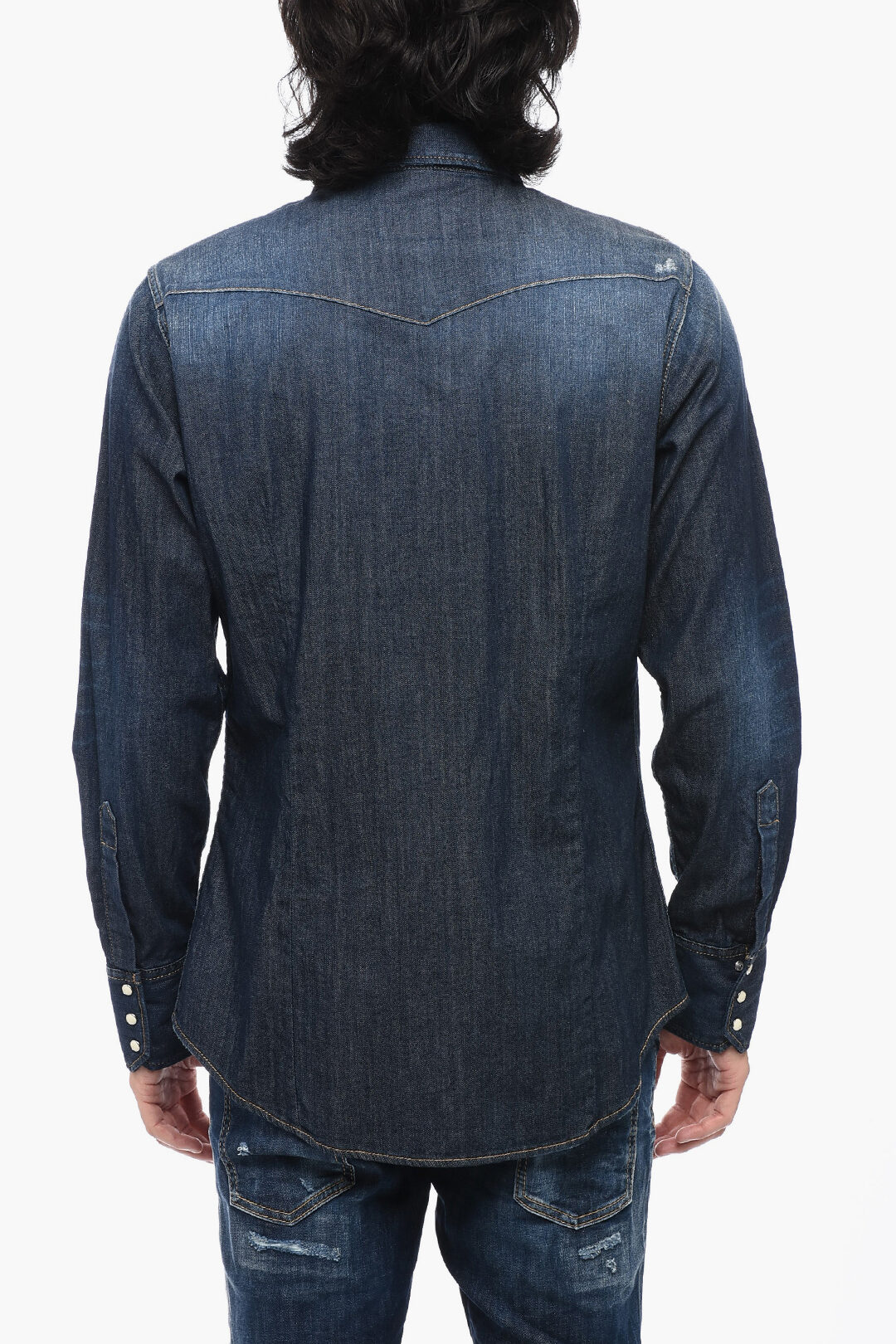 【2plan】Snap daily denim shirt Axel's Premium Denim Maddi Fitted Snap Shirt In Distressed