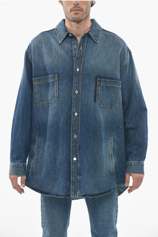 Valentino Denim Shirt With Studded Application In Blue