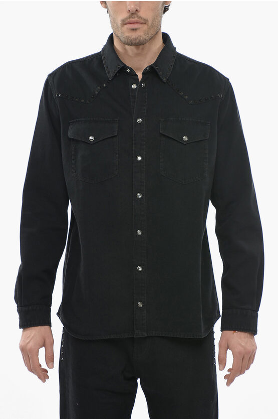Valentino Denim Shirt With Studded Application In Black