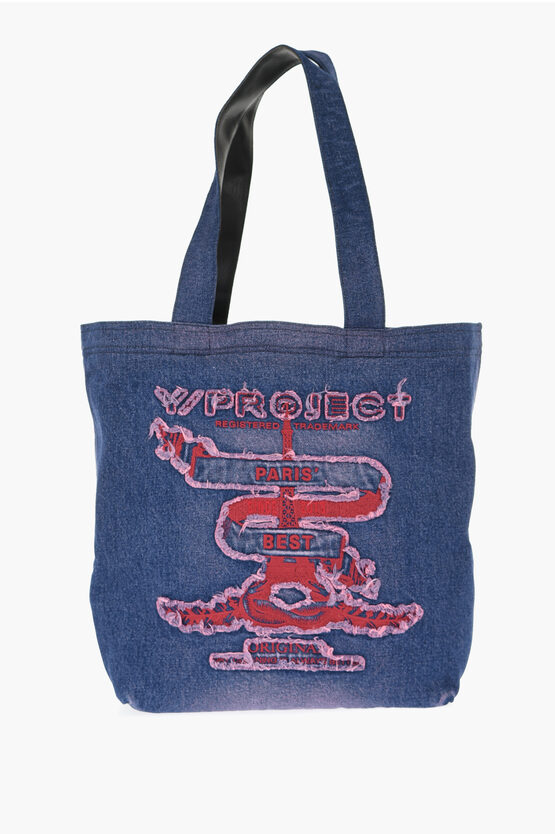 Yproject Denim Shoulder Bag With Vintage Effect Embroidery And Leathe