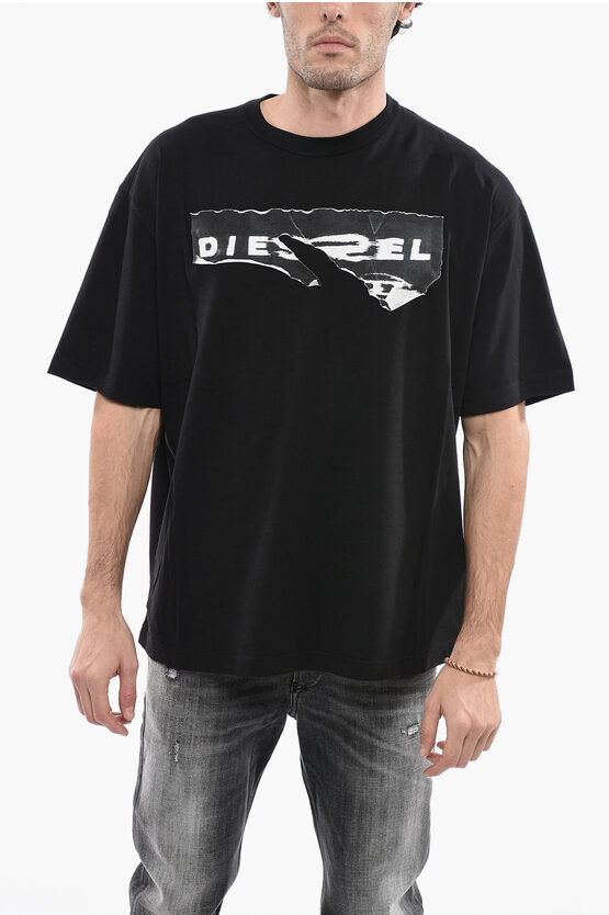 Diesel Destroyed Effect Printed T-wash-poff Crew-neck T-shirt In Black