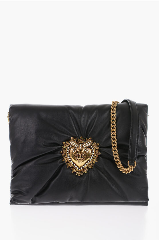 Dolce & Gabbana Devotion Leather Shoulder Bag With Golden Metal Heart