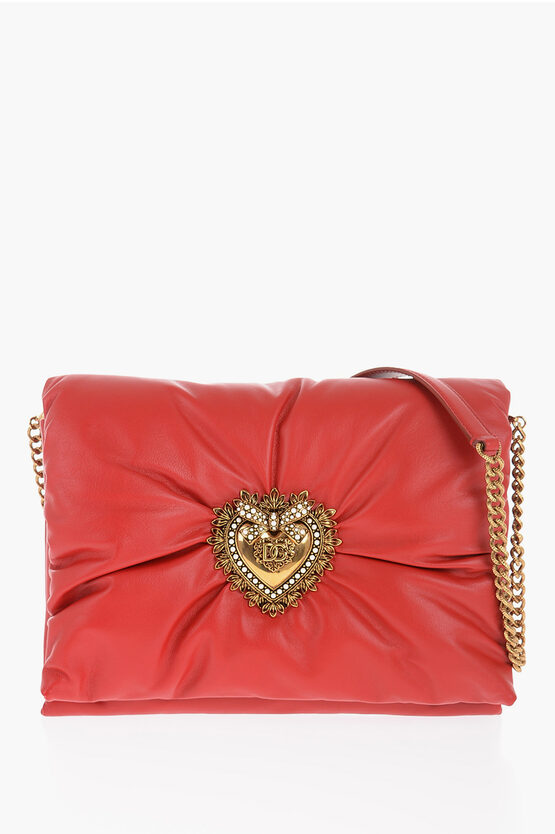 Dolce & Gabbana Devotion Leather Shoulder Bag With Golden Metal Heart In Red