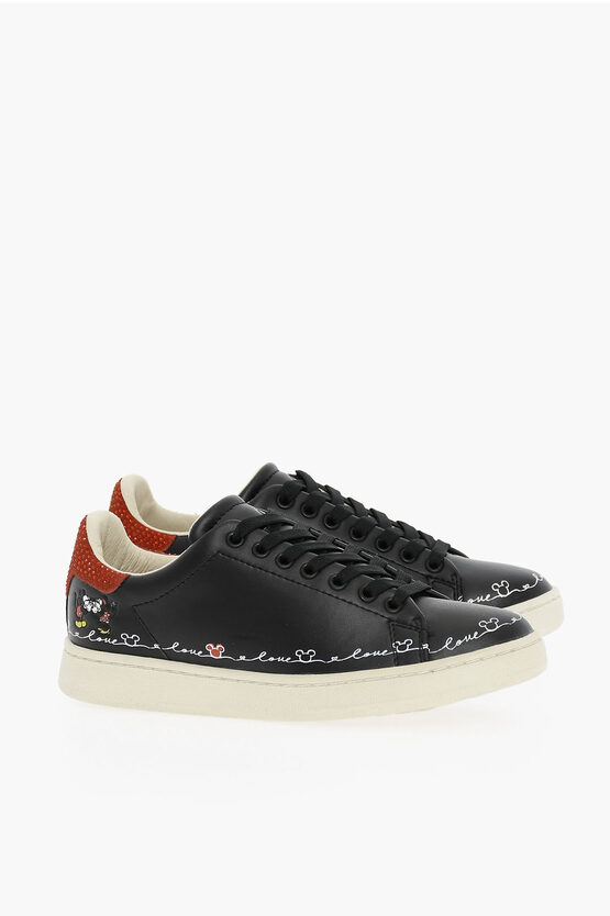 Moa Master Of Arts Disney Leather Low-top Sneakers With Print And Rhinestones In Black