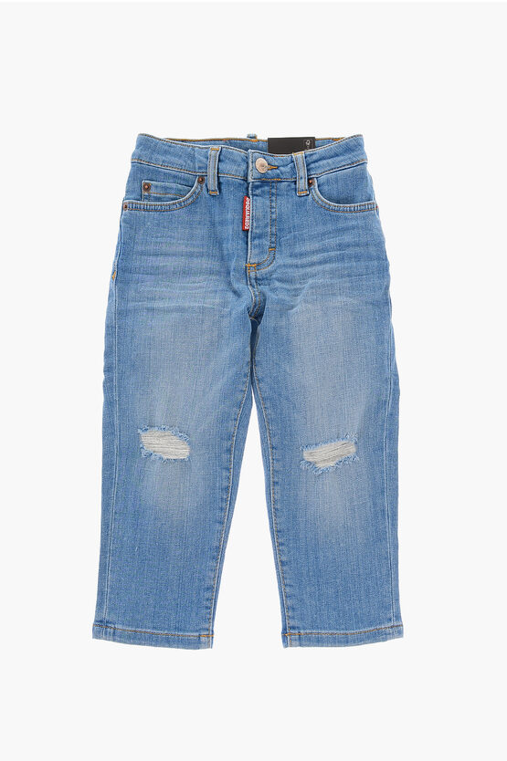 Dsquared2 Distressed Boston Jeans With Logo-button In Blue