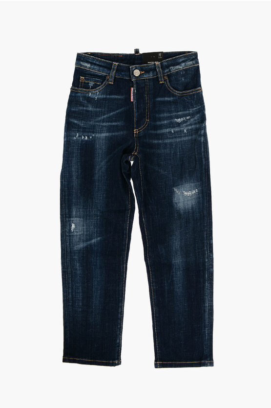Dsquared2 Distressed Boston Jeans With Logo-button In Blue