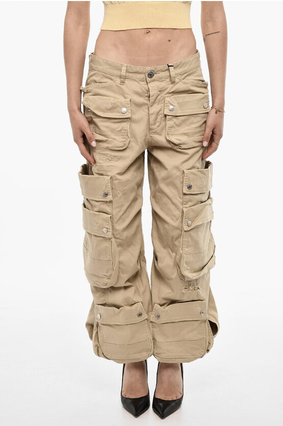 Dsquared2 Distressed Cargo Pants With Logo Buttons In Neutral