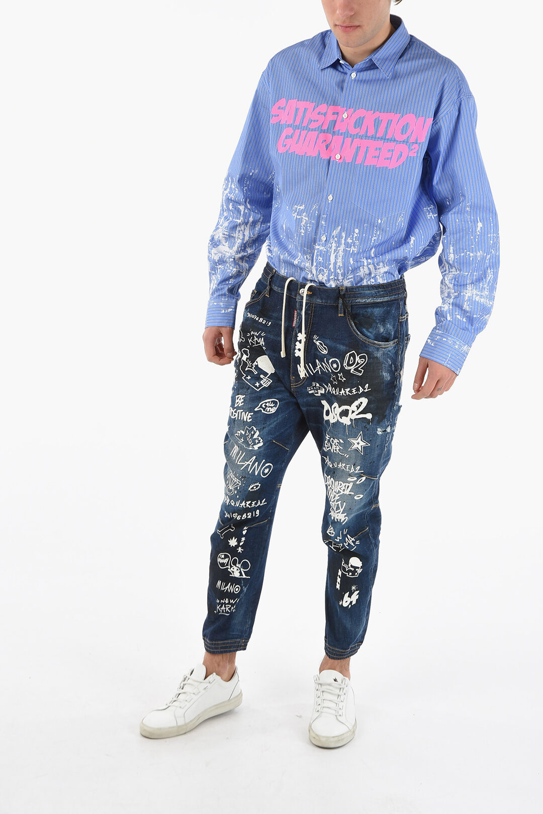 Dsquared2 Distressed COMBAT Denims with Drawstring in Graffiti