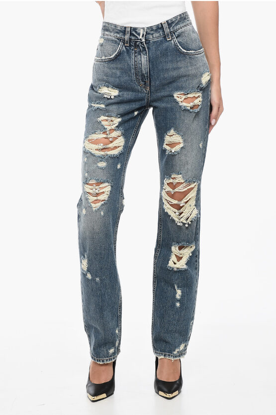 Givenchy Distressed Cotton Slim Fit Denims With Jewel Details 18cm
