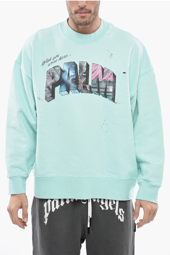 Palm Angels Distressed Crew-neck Sweatshirt With Glitter Logo In Blue