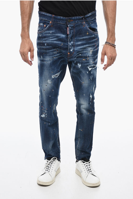 Shop Dsquared2 Distressed Crotch Denims With Paint Splatter Motif 16cm