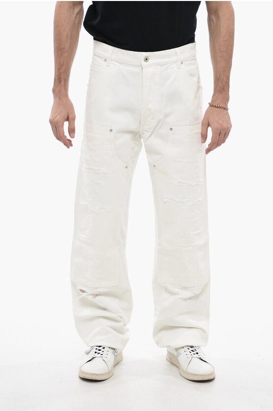 Heron Preston Distressed Denim Carpenter Cargo Trousers In White