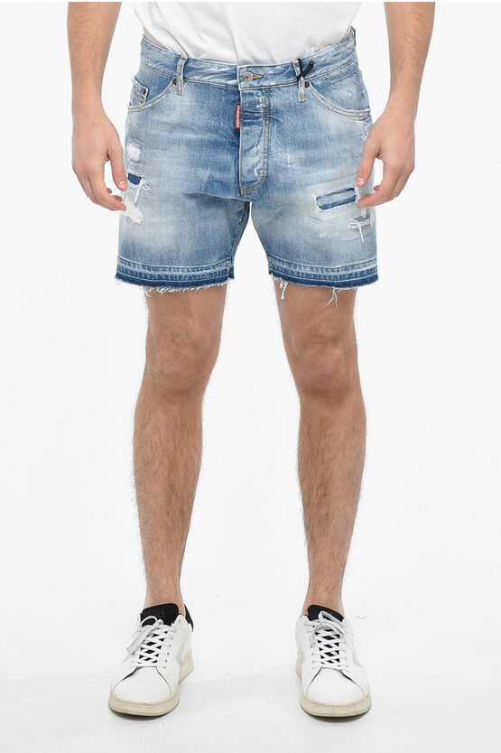 Dsquared2 Distressed Denim Commando Shorts With Light Wash In Blue