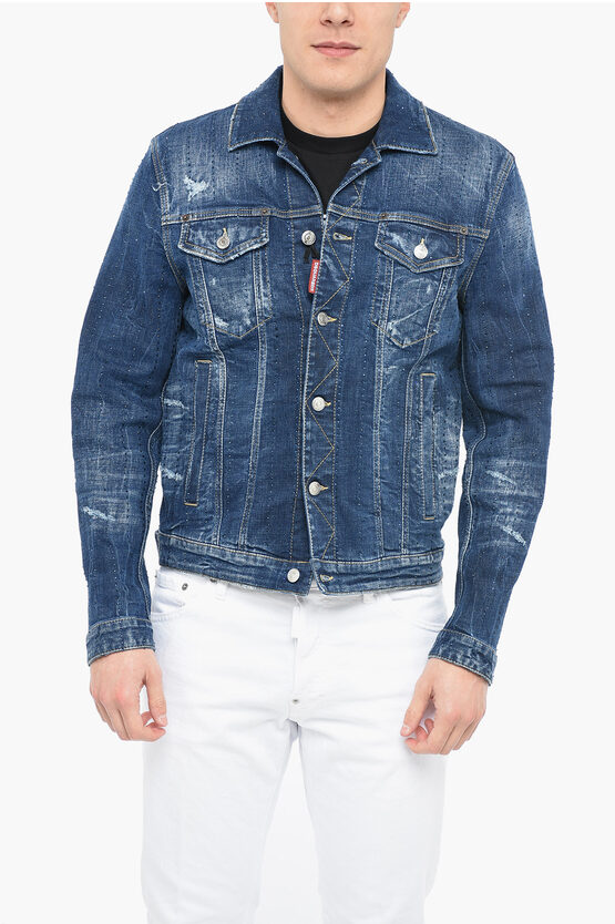 Dsquared2 Distressed Denim Dan Jacket With Crystals In Blue