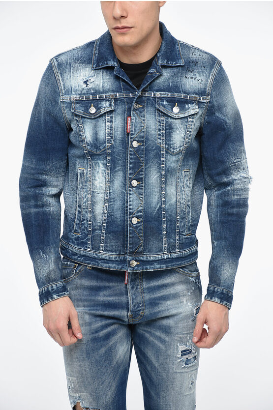 Dsquared2 Distressed Denim Dan Jacket With Studded Application In Brown