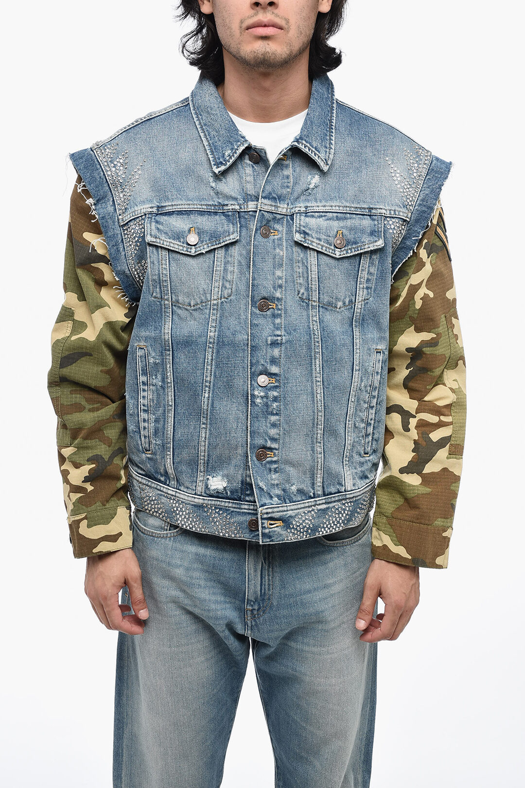 Distressed Denim Jacket with Camo Printed Sleeves