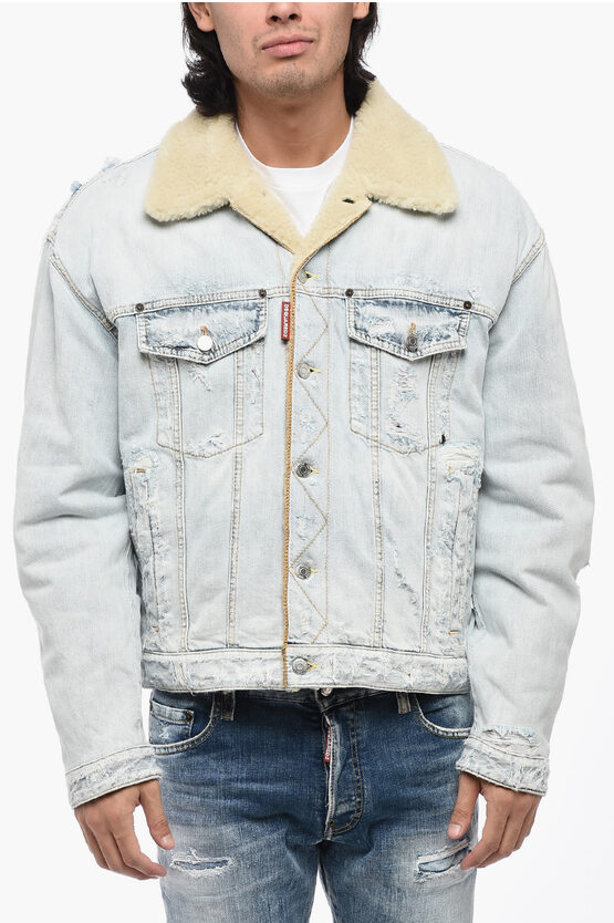 Shop Dsquared2 Distressed Denim Jacket With Faux Fur