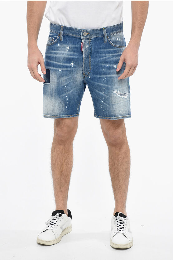 Dsquared2 Distressed Denim Marine Shorts With Light Wash In Blue