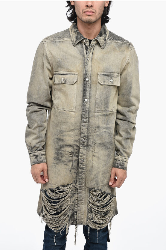 Shop Rick Owens Distressed Denim Overshirt With Fringed Hem