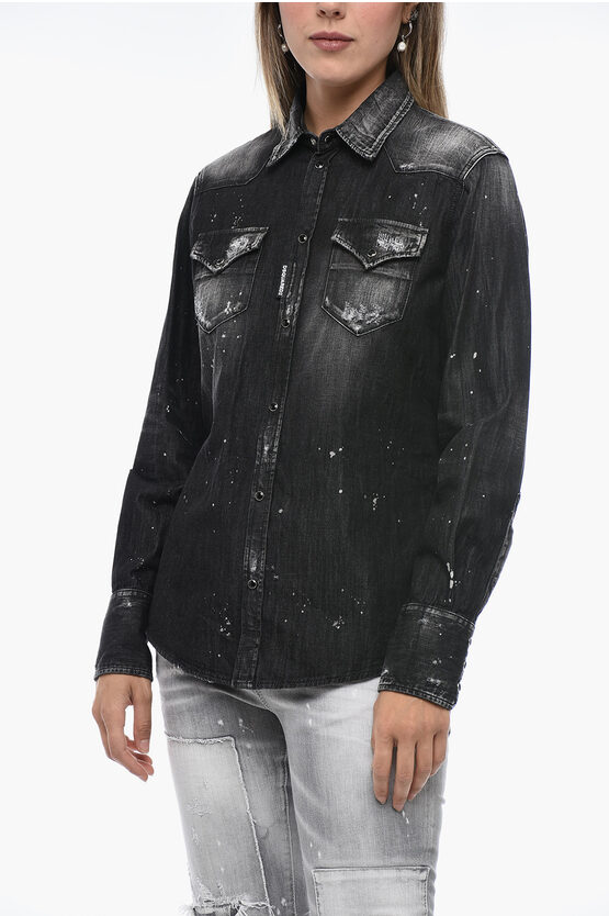 Shop Dsquared2 Distressed Denim Shirt With Paint Splatter Motif