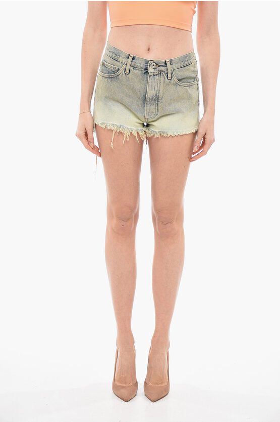 Off-white Distressed Denim Shorts With Frayed Hem In Blue