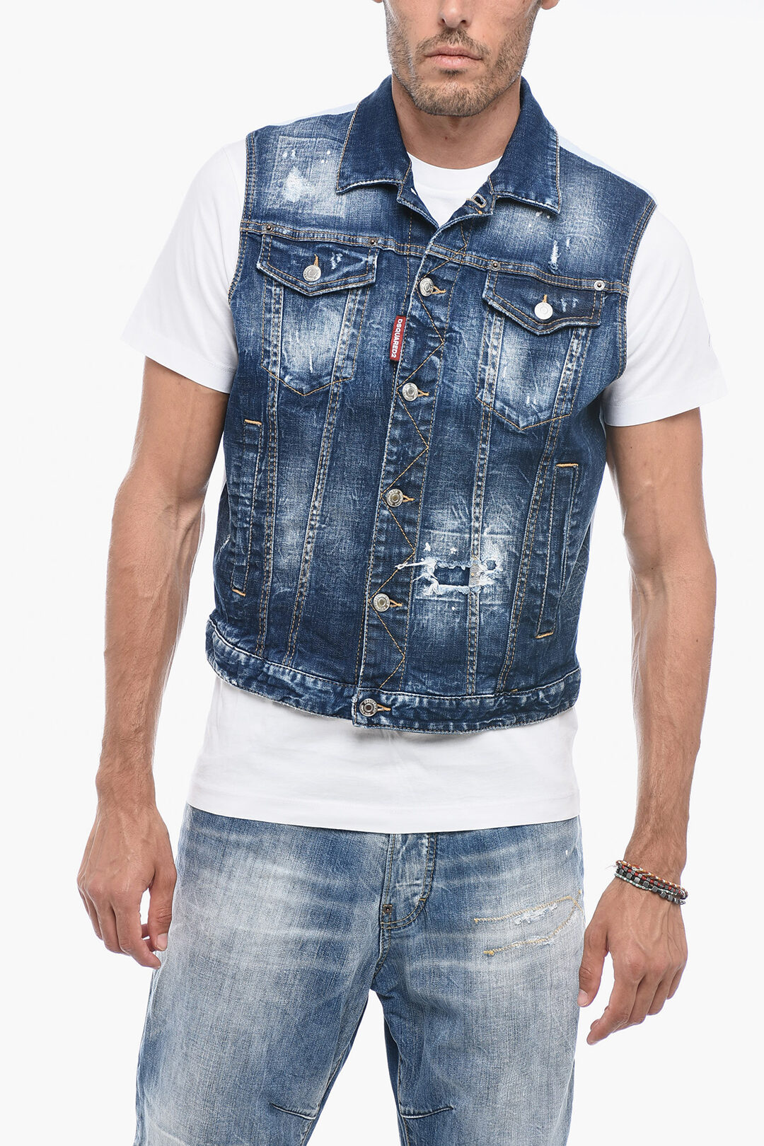 Distressed denim vest mens best sale