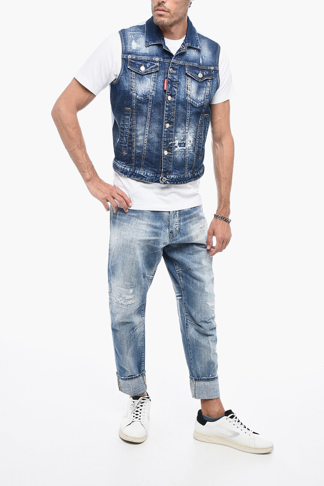 Distressed denim vest mens best sale