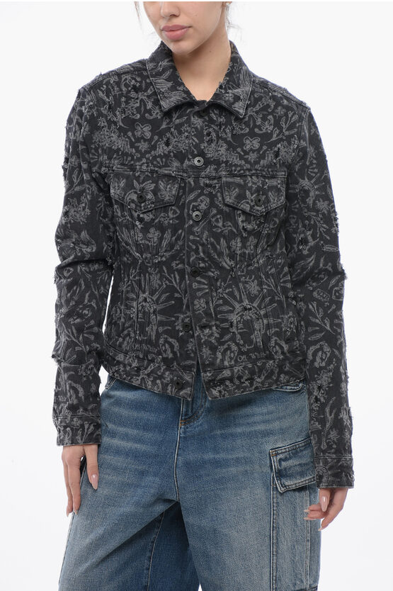 Off-white Distressed Denim Jacket With Tattoo Motif