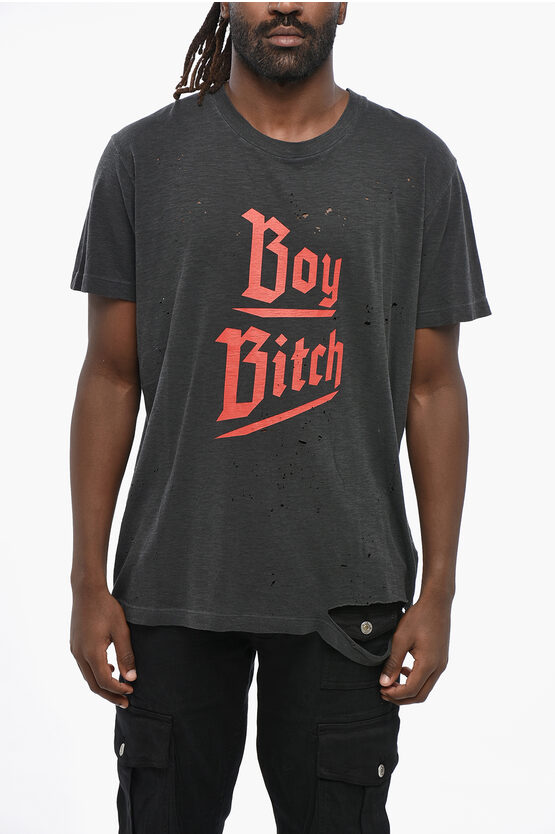 Dsquared2 Distressed Effect Boy Bitch Crew-neck T-shirt In Gray