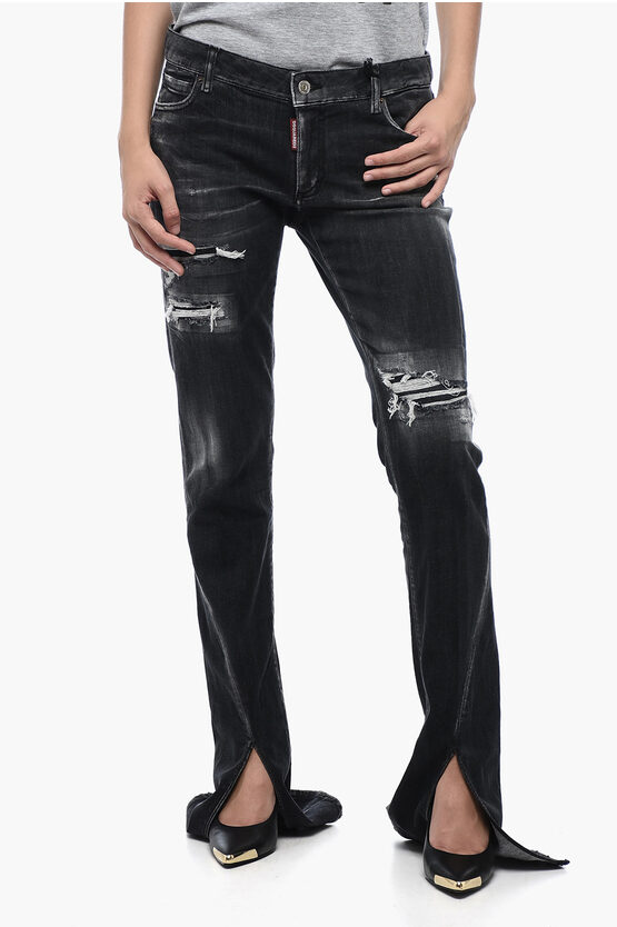 Shop Dsquared2 Distressed Effect Trumpet Fit Denims With Bottom Slits 22 Cm