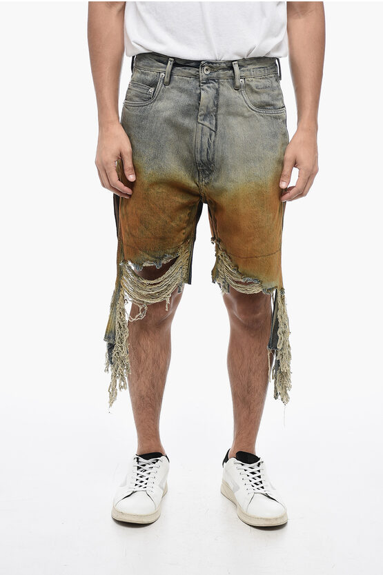 Rick Owens Distressed GETH CUTOFFS Denim Shorts with Fringed Hem