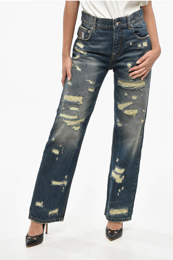 Marc Jacobs Distressed Jeans With Logo Button 22cm In Blue