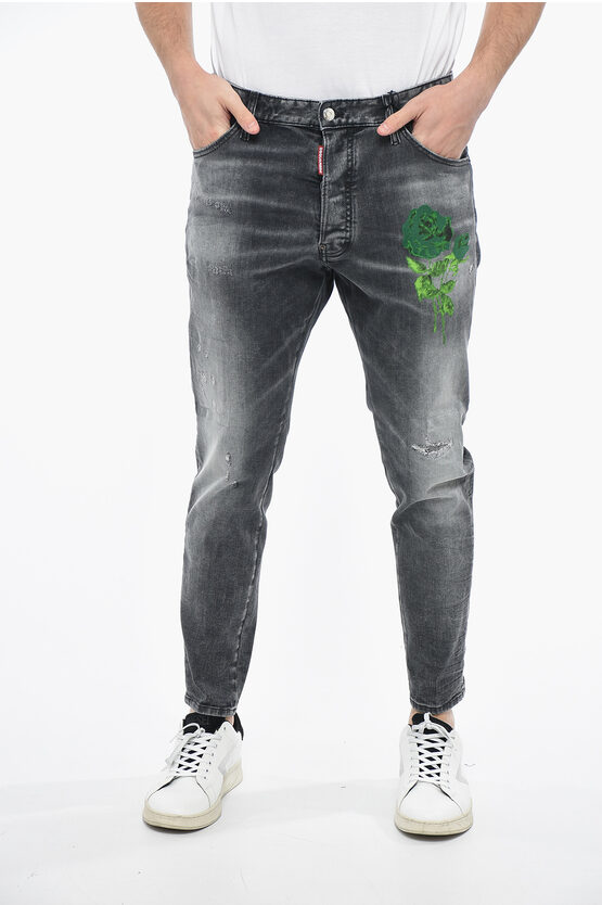 Dsquared2 Distressed Relax Long Crotch Denims With Floral Print 16cm In Gray