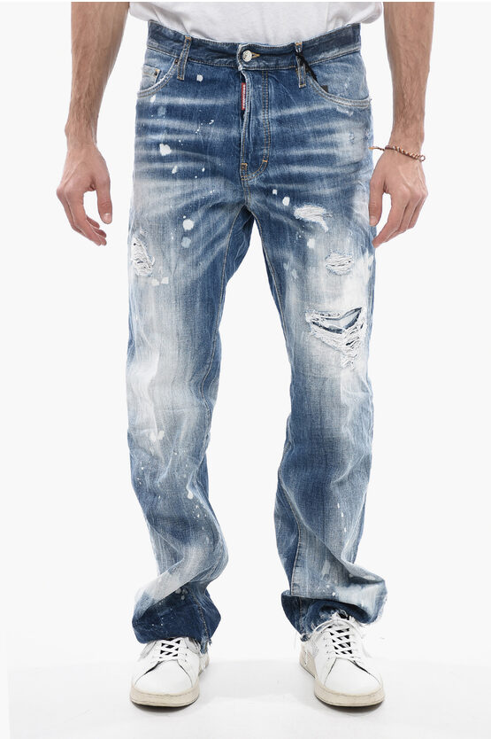 Dsquared2 Distressed Roadie Fit Denims With Raw-cut Bottom 21cm In Blue