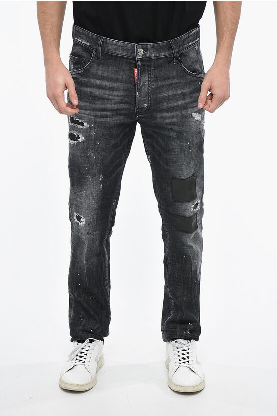 Dsquared2 Distressed Skater Denims With Leather Patches 16cm In Black