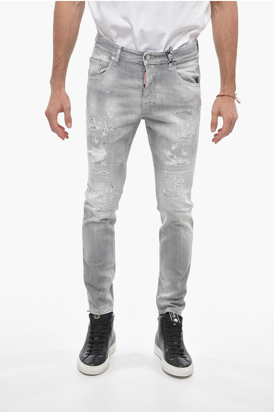 Dsquared2 Distressed Skater Fit Denims With Rhinestones 16cm In Grey