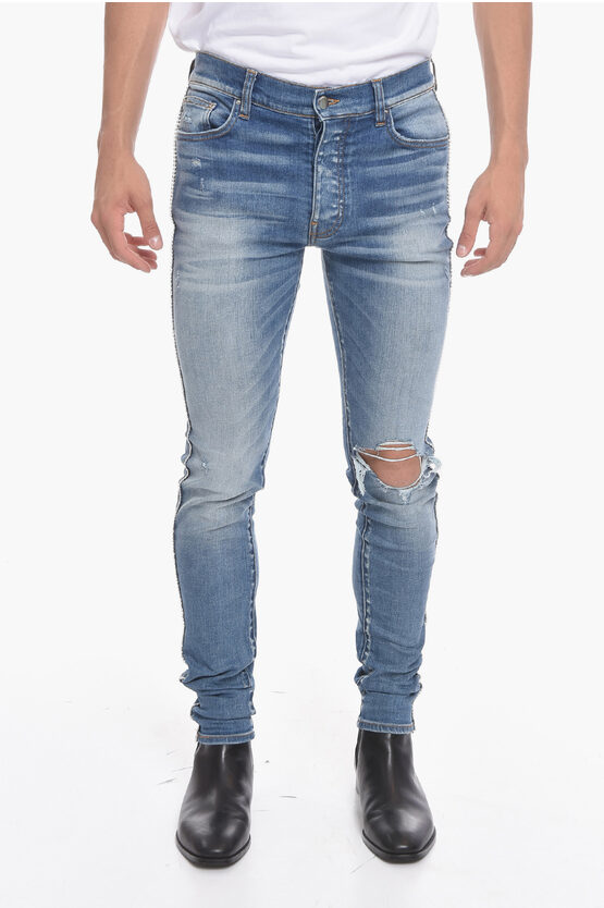 Amiri Distressed Skinny Denims With Side Crystal Bands 14cm In Blue