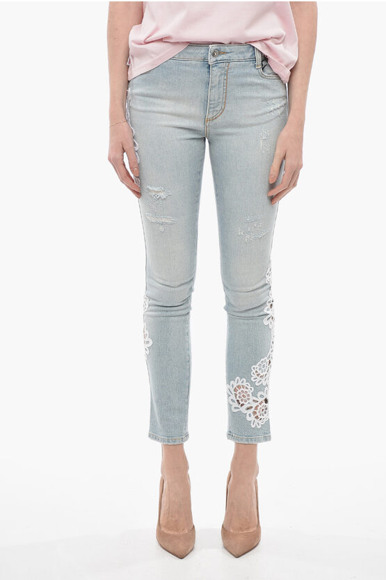 Shop Ermanno Scervino Distressed Slim Fiit Jeans With Laces Macrame' Details