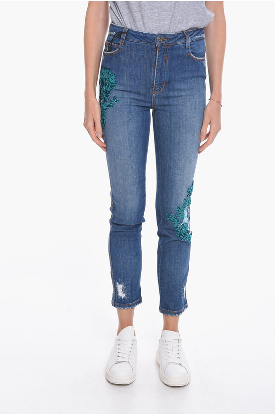 Ermanno Scervino Distressed Slim-fit Denims With Velour Appliqué 15cm In Blue