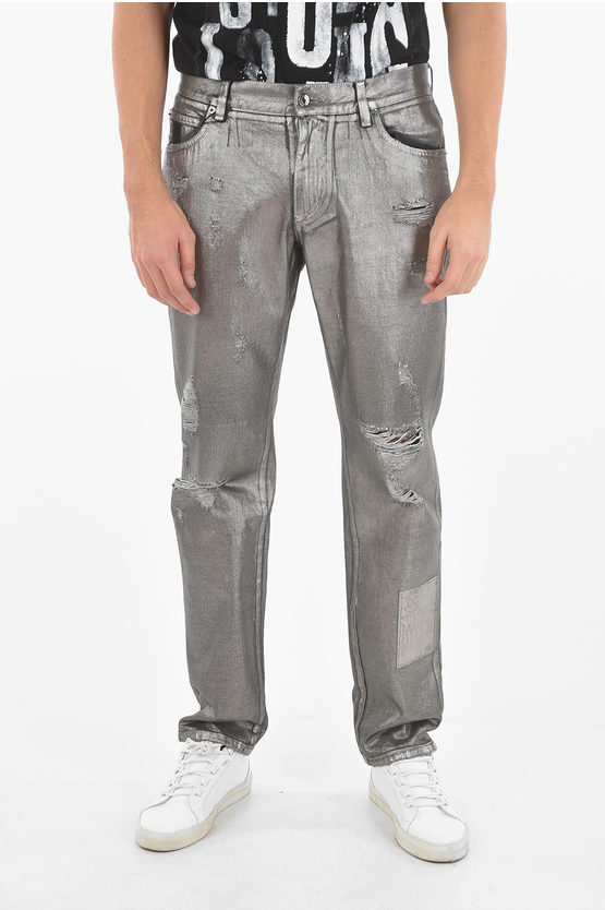 Dolce & Gabbana Distressed Straightleg Jeans in Laminated Denim 18cm