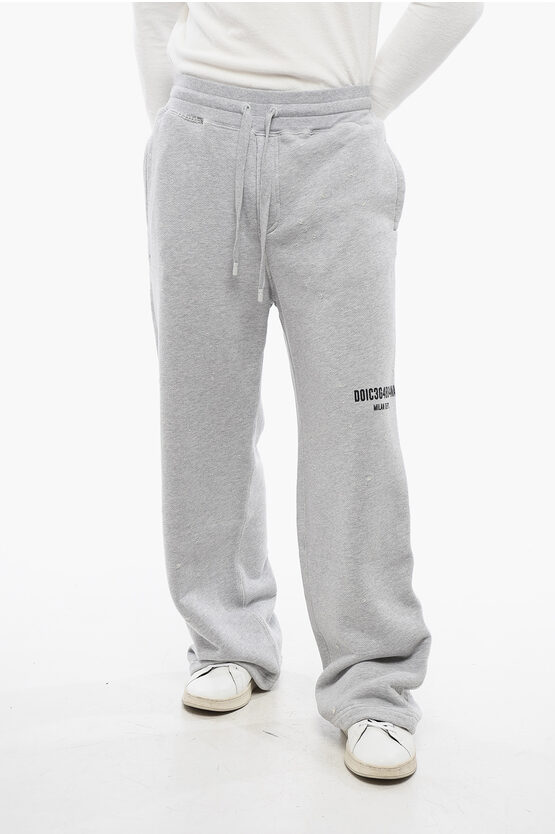 Dolce & Gabbana Grey Jogger Pants With Drawstring And Logo Print In Cotton Man