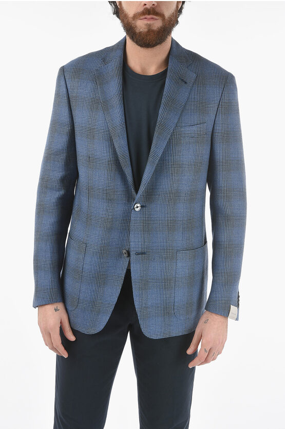 Corneliani District Check Virgin Wool And Flax Side Vents Notch Lapel G In Blue