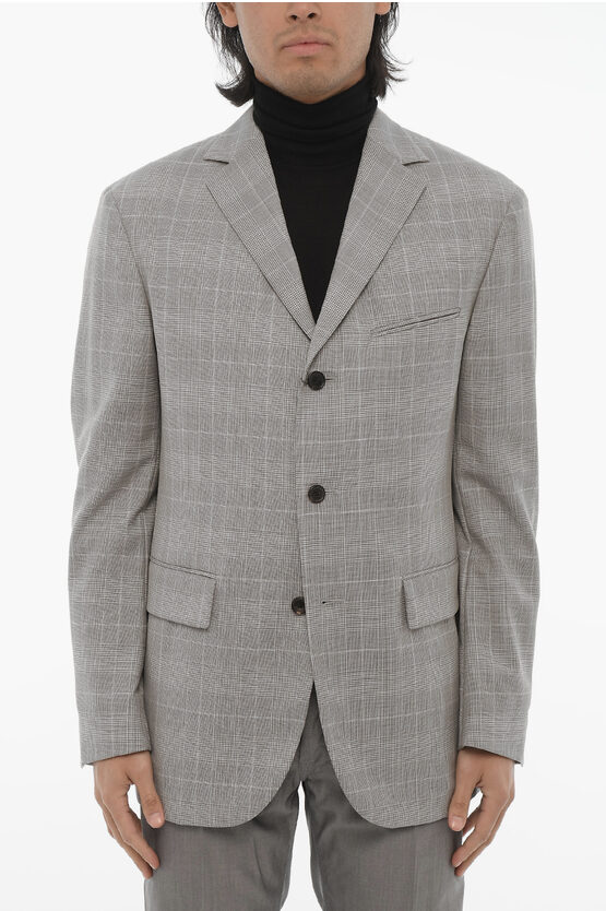 Corneliani District Check Virgin Wool Unlined 3-button Blazer With Side In Gray