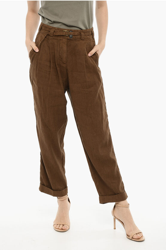 Woolrich Doluble Pleated Linen And Cotton Pants With Belt In Brown