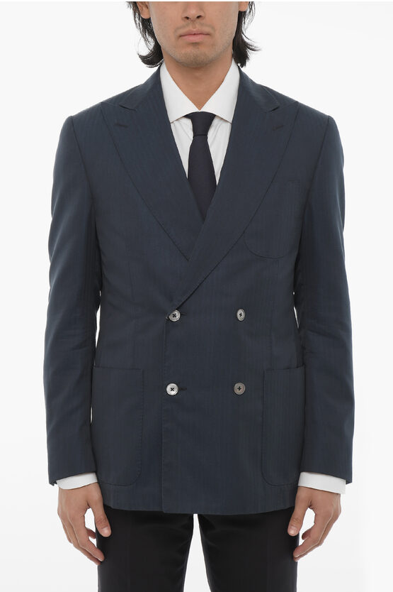 Corneliani Double-breasted Academy Herringbone Cotton Blazer In Blue