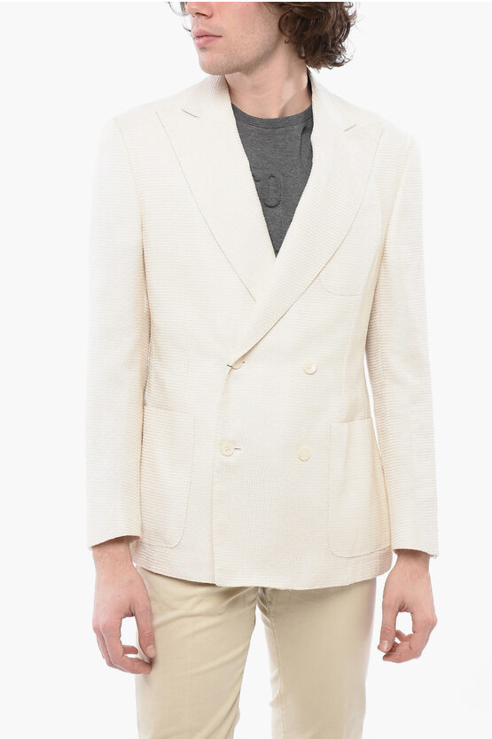 Corneliani Double-breasted Academy Soft Jacquard Cotton Blend Blazer In Neutral